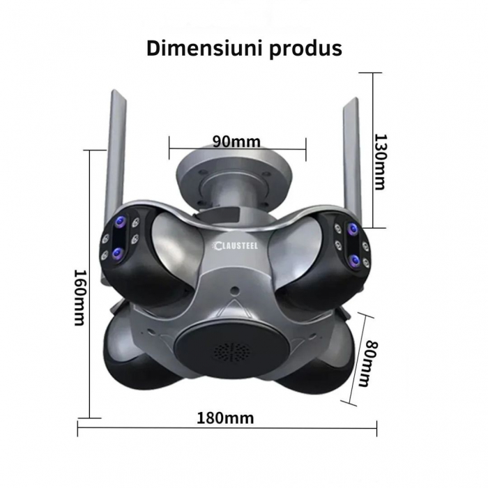 Camera de supraveghere CLAUSTEEL 4in1, WiFi, 360 de grade, 4 lentile PTZ, 12 MP, senzor de miscare, slot MicroSD, microfon, viziune nocturna color, alarma, supravegheaza 4 zone in acelasi timp [11]