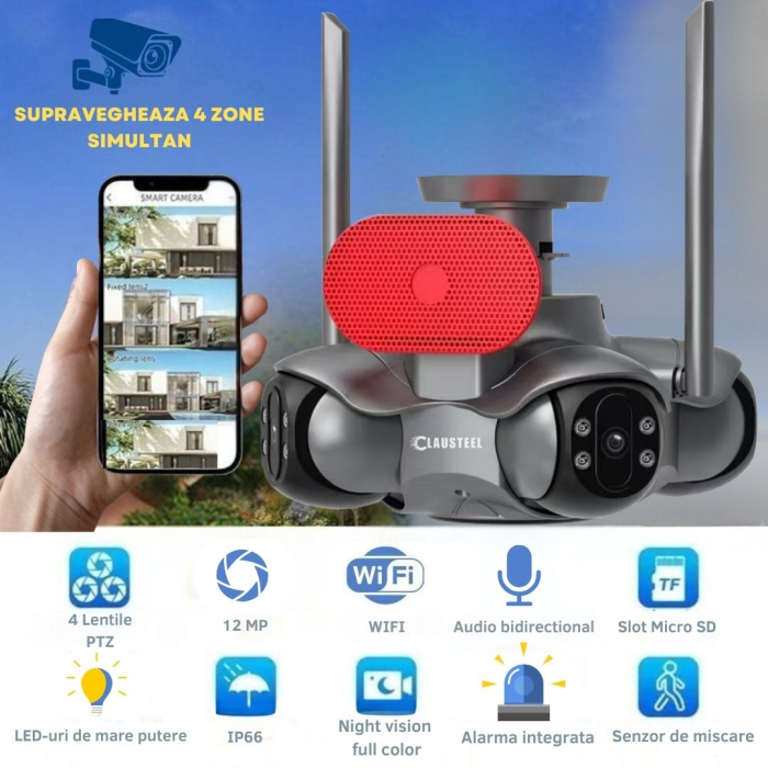 Camera de supraveghere CLAUSTEEL 4in1, WiFi, 360 de grade, 4 lentile PTZ, 12 MP, senzor de miscare, slot MicroSD, microfon, viziune nocturna color, alarma, supravegheaza 4 zone in acelasi timp [2]
