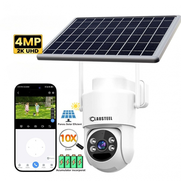 Camera de supraveghere CLAUSTEEL cu panou solar, 4 MP FullHD, Wireless, acumulator de 6000 mAh, Portabila, Rotire automata, urmarire inteligenta, Night Vision, Zoom x10, Card MicroSD 64 GB inclus, IP6 [8]
