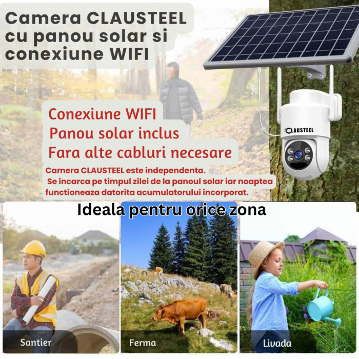 Camera de supraveghere CLAUSTEEL cu panou solar, 4 MP FullHD, Wireless, acumulator de 6000 mAh, Portabila, Rotire automata, urmarire inteligenta, Night Vision, Zoom x10, Card MicroSD 64 GB inclus, IP6 [4]