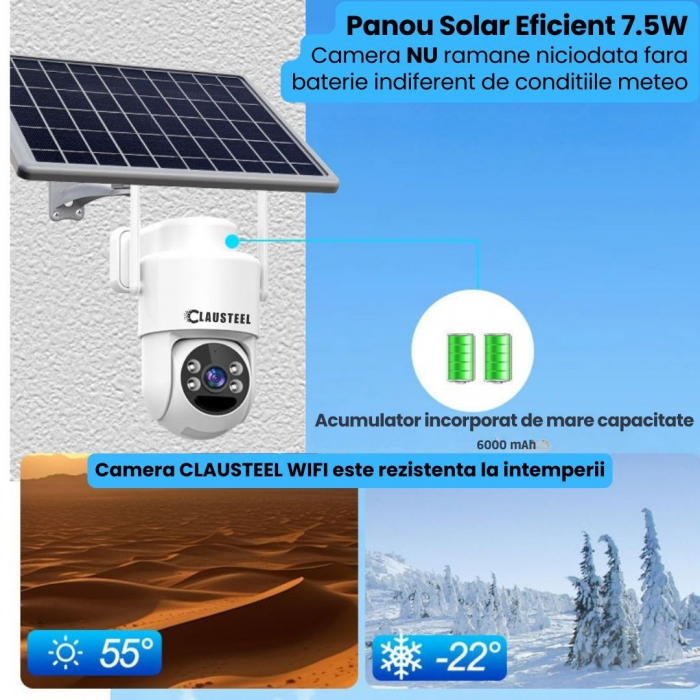 Camera de supraveghere CLAUSTEEL cu panou solar, 4 MP FullHD, Wireless, acumulator de 6000 mAh, Portabila, Rotire automata, urmarire inteligenta, Night Vision, Zoom x10, Card MicroSD 64 GB inclus, IP6 [7]