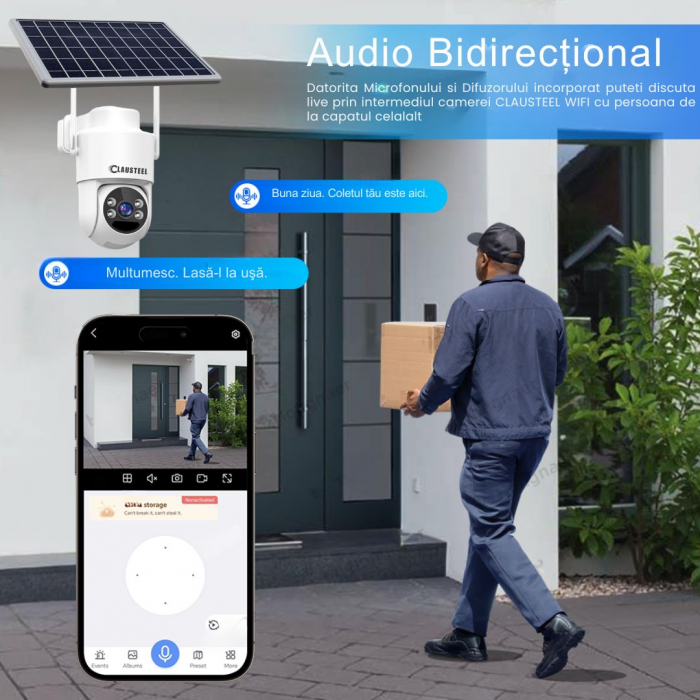 Camera de supraveghere CLAUSTEEL cu panou solar, 4 MP FullHD, Wireless, acumulator de 6000 mAh, Portabila, Rotire automata, urmarire inteligenta, Night Vision, Zoom x10, Card MicroSD 64 GB inclus, IP6 [5]