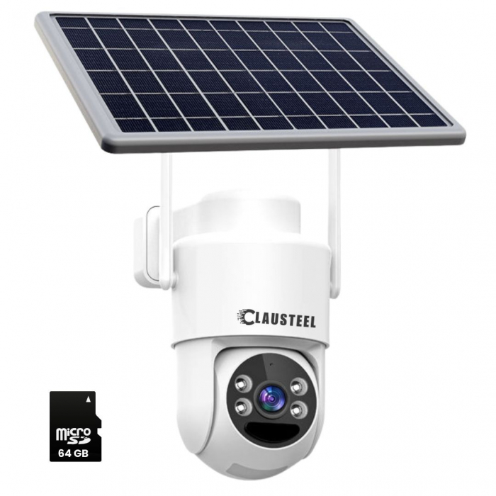Camera de supraveghere CLAUSTEEL cu panou solar, 4 MP FullHD, Wireless, acumulator de 6000 mAh, Portabila, Rotire automata, urmarire inteligenta, Night Vision, Zoom x10, Card MicroSD 64 GB inclus, IP6 [1]