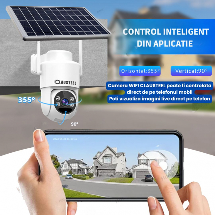 Camera de supraveghere CLAUSTEEL cu panou solar, 4 MP FullHD, Wireless, acumulator de 6000 mAh, Portabila, Rotire automata, urmarire inteligenta, Night Vision, Zoom x10, Card MicroSD 64 GB inclus, IP6 [3]