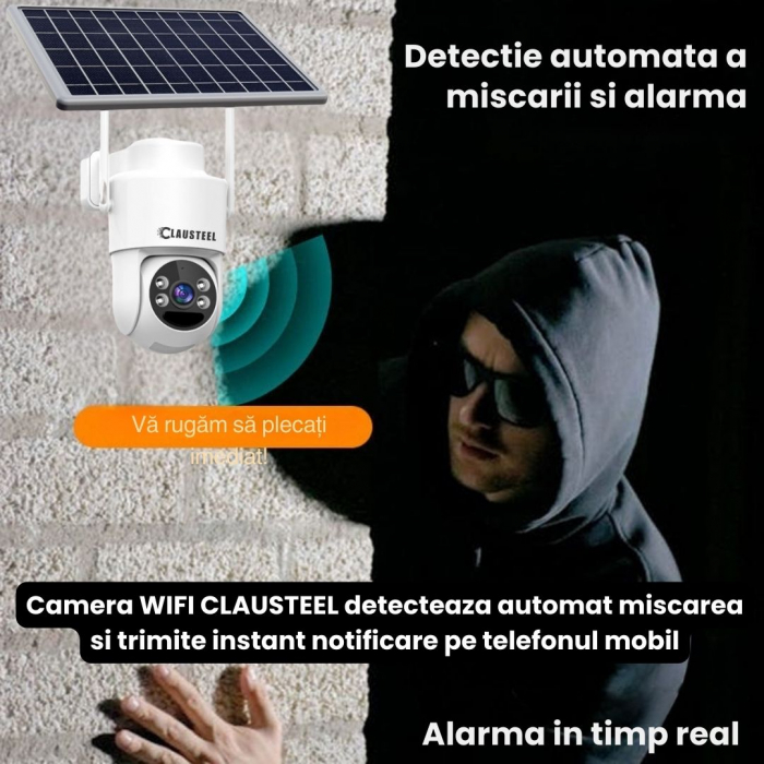 Camera de supraveghere CLAUSTEEL cu panou solar, 4 MP FullHD, Wireless, acumulator de 6000 mAh, Portabila, Rotire automata, urmarire inteligenta, Night Vision, Zoom x10, Card MicroSD 64 GB inclus, IP6 [2]