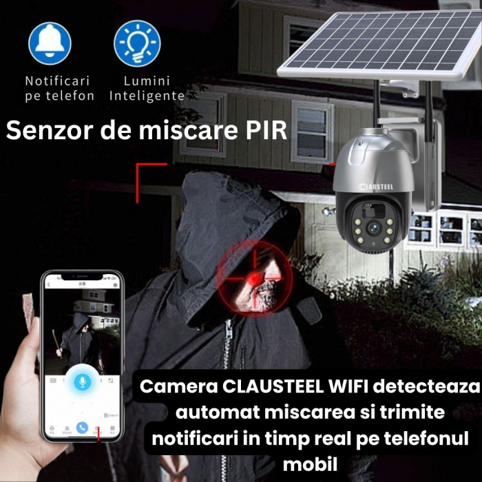 Camera de supraveghere CLAUSTEEL cu panou solar, 4 MP FullHD, Wireless, acumulator de 7800 mAh, Portabila, Rotire automata, urmarire inteligenta, Night Vision, Slot Card MicroSD, IP66, Negru [6]