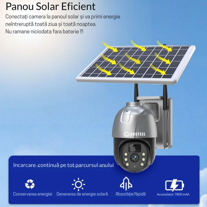 Camera de supraveghere CLAUSTEEL cu panou solar, 4 MP FullHD, Wireless, acumulator de 7800 mAh, Portabila, Rotire automata, urmarire inteligenta, Night Vision, Slot Card MicroSD, IP66, Negru [2]