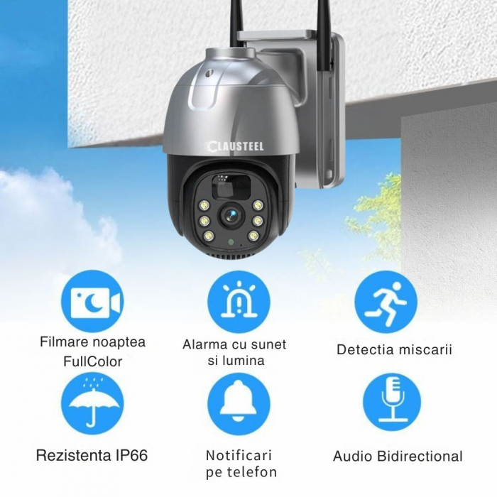 Camera de supraveghere CLAUSTEEL cu panou solar, 4 MP FullHD, Wireless, acumulator de 7800 mAh, Portabila, Rotire automata, urmarire inteligenta, Night Vision, Slot Card MicroSD, IP66, Negru [5]