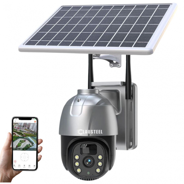 Camera de supraveghere CLAUSTEEL cu panou solar, 4 MP FullHD, Wireless, acumulator de 7800 mAh, Portabila, Rotire automata, urmarire inteligenta, Night Vision, Slot Card MicroSD, IP66, Negru [1]