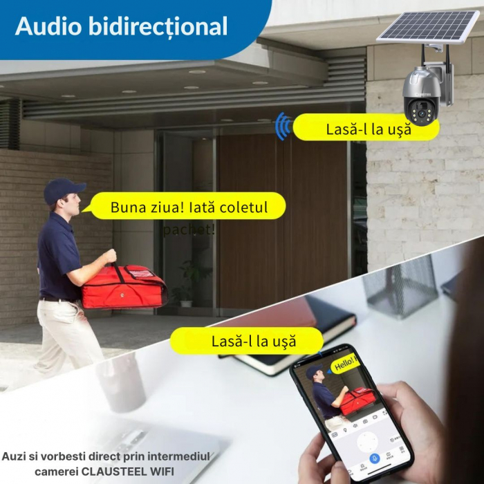 Camera de supraveghere CLAUSTEEL cu panou solar, 4 MP FullHD, Wireless, acumulator de 7800 mAh, Portabila, Rotire automata, urmarire inteligenta, Night Vision, Slot Card MicroSD, IP66, Negru [10]