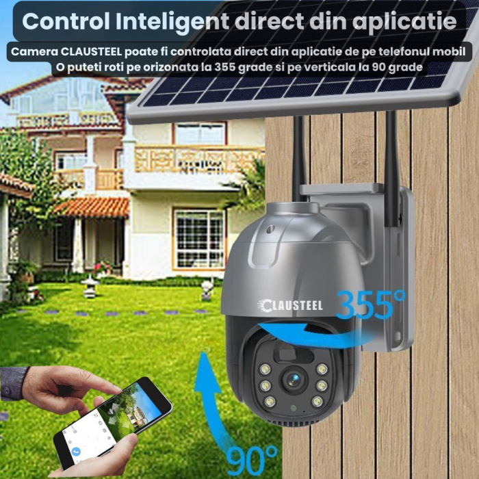Camera de supraveghere CLAUSTEEL cu panou solar, 4 MP FullHD, Wireless, acumulator de 7800 mAh, Portabila, Rotire automata, urmarire inteligenta, Night Vision, Slot Card MicroSD, IP66, Negru [3]