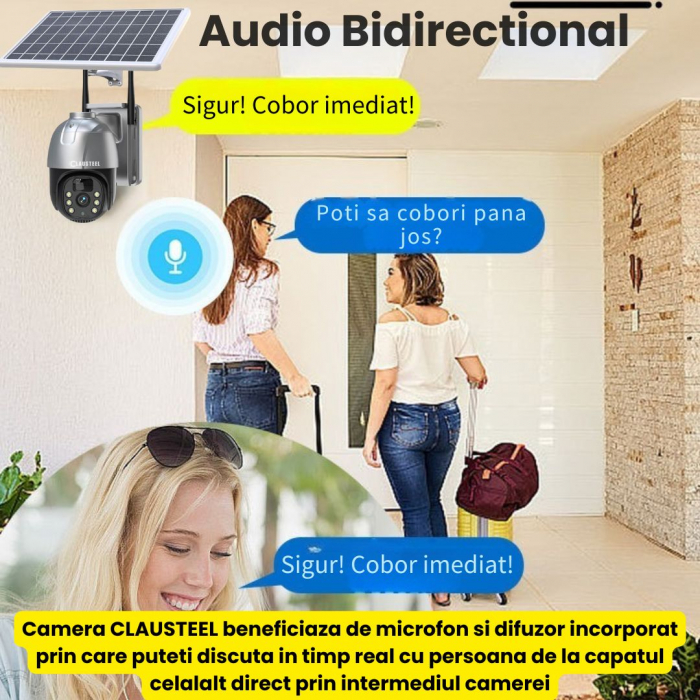 Camera de supraveghere CLAUSTEEL cu panou solar, 4 MP FullHD, Wireless, acumulator de 7800 mAh, Portabila, Rotire automata, urmarire inteligenta, Night Vision, Slot Card MicroSD, IP66, Negru [7]