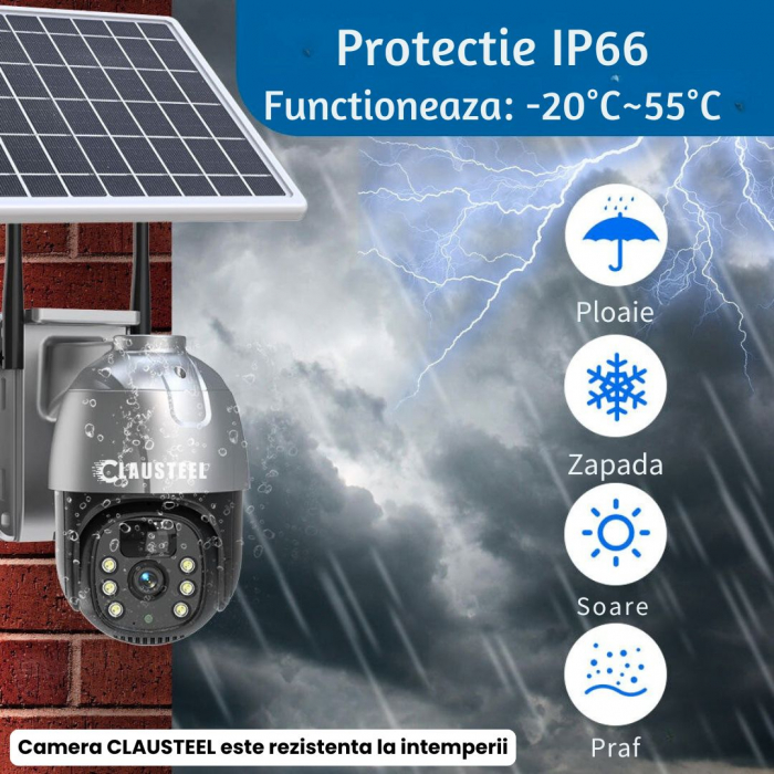 Camera de supraveghere CLAUSTEEL cu panou solar, 4 MP FullHD, Wireless, acumulator de 7800 mAh, Portabila, Rotire automata, urmarire inteligenta, Night Vision, Slot Card MicroSD, IP66, Negru [8]