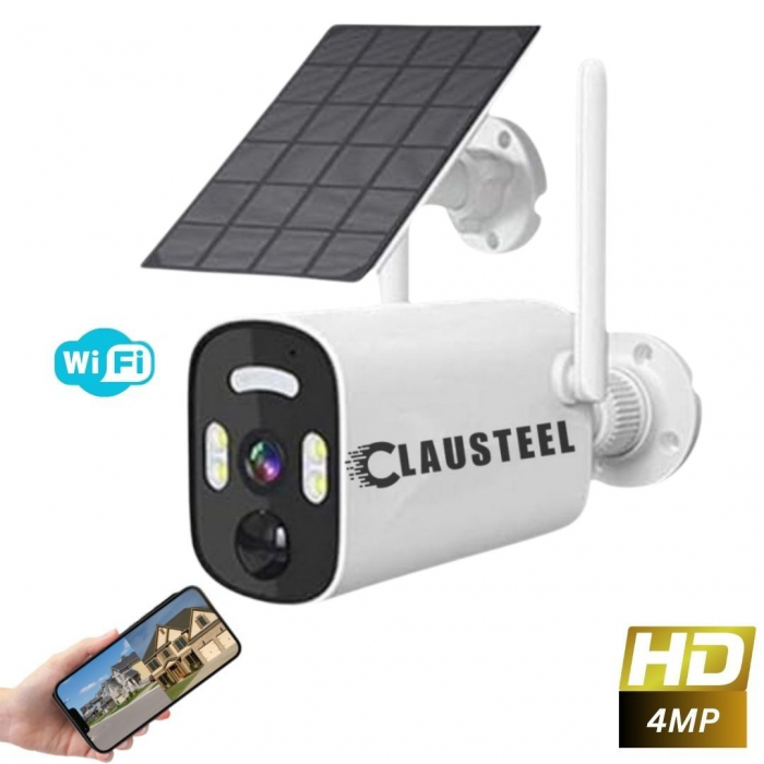 Camera de supraveghere CLAUSTEEL cu panou solar inclus, WIFI, 4MPX, acumulator 9000mAh, senzor de miscare, Night Vision Color, Comunicare bidirectionala, Alb [1]