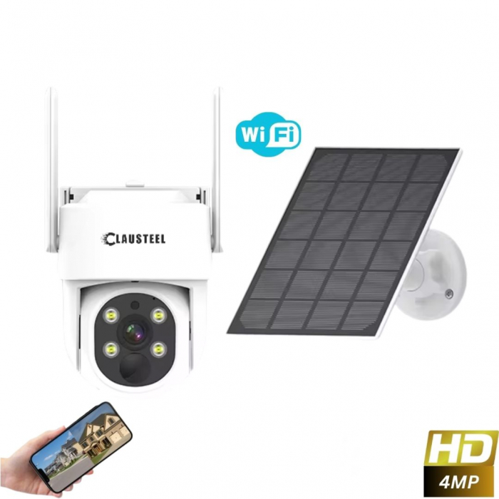 Camera de supraveghere CLAUSTEEL cu panou solar inclus, WIFI, 4MPX, acumulator 9000mAh, senzor de Miscare si Urmarire inteligenta, Night Vision Color, Comunicare bidirectionala [1]