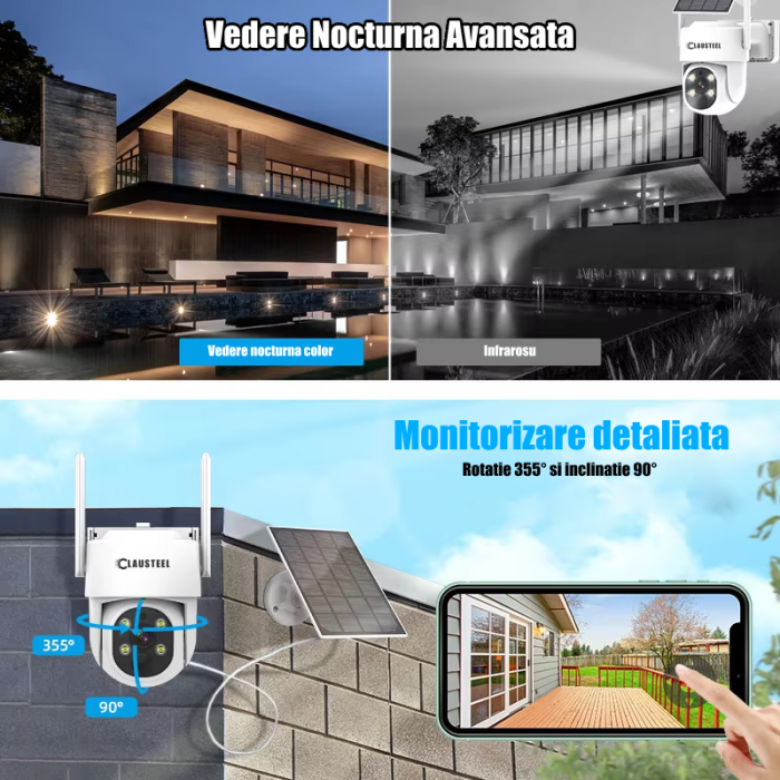 Camera de supraveghere CLAUSTEEL cu panou solar inclus, WIFI, 4MPX, acumulator 9000mAh, senzor de Miscare si Urmarire inteligenta, Night Vision Color, Comunicare bidirectionala [5]