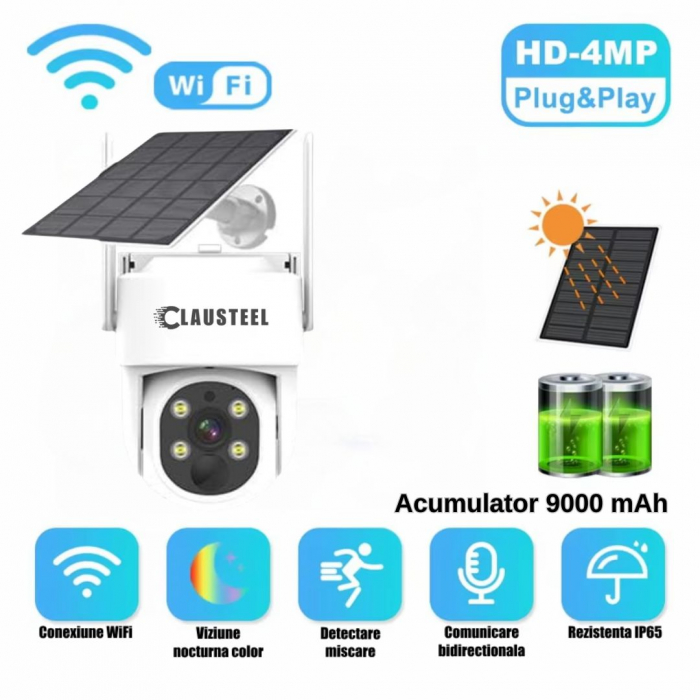 Camera de supraveghere CLAUSTEEL cu panou solar inclus, WIFI, 4MPX, acumulator 9000mAh, senzor de Miscare si Urmarire inteligenta, Night Vision Color, Comunicare bidirectionala [2]