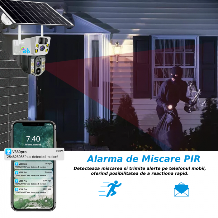 Camera de supraveghere CLAUSTEEL M119 2in1 cu Panou Solar inclus 20W, 4MP, Portabila, Acumulator incorporat 12000mah, Rotire automata, Micro SD, Cartela SIM, Conexiune 4G, Supravegheaza doua zone in a [5]