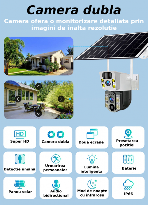 Camera de supraveghere CLAUSTEEL M119 2in1 cu Panou Solar inclus 20W, 4MP, Portabila, Acumulator incorporat 12000mah, Rotire automata, Micro SD, Cartela SIM, Conexiune 4G, Supravegheaza doua zone in a [4]