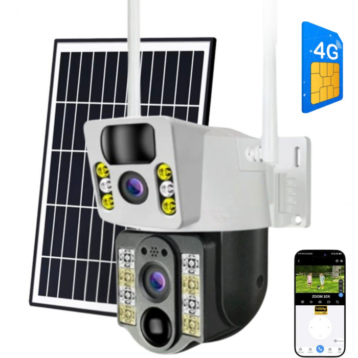 Camera de supraveghere CLAUSTEEL M119 2in1 cu Panou Solar inclus 20W, 4MP, Portabila, Acumulator incorporat 12000mah, Rotire automata, Micro SD, Cartela SIM, Conexiune 4G, Supravegheaza doua zone in a [1]