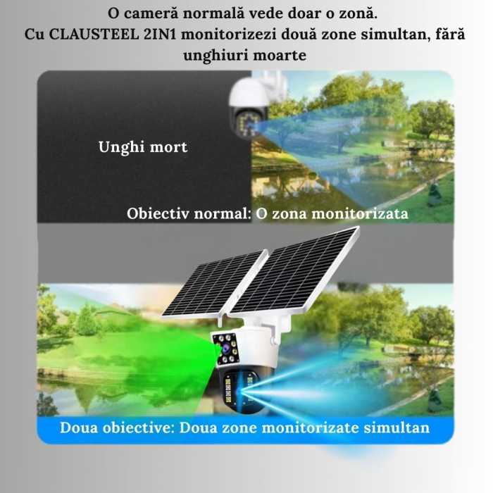 Camera de supraveghere CLAUSTEEL M120 2in1 cu Panou Solar Dublu inclus, 5MP, Portabila, Acumulator incorporat 12000mah, Rotire automata, Micro SD, Cartela SIM, Conexiune 4G, Supravegheaza doua zone in [3]