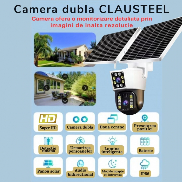 Camera de supraveghere CLAUSTEEL M120 2in1 cu Panou Solar Dublu inclus, 5MP, Portabila, Acumulator incorporat 12000mah, Rotire automata, Micro SD, Cartela SIM, Conexiune 4G, Supravegheaza doua zone in [2]