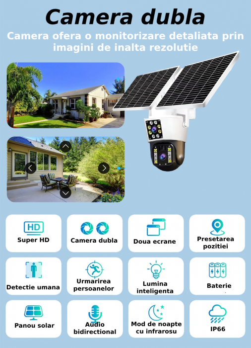 Camera de supraveghere CLAUSTEEL M120 2in1 cu Panou Solar Dublu inclus, 5MP, Portabila, Acumulator incorporat 12000mah, Rotire automata, Micro SD, Cartela SIM, Conexiune 4G, Supravegheaza doua zone in [8]