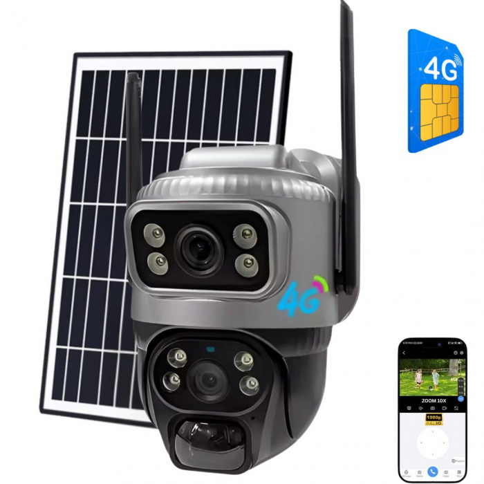 Camera de supraveghere CLAUSTEEL MAN 132 duala cu Panou Solar inclus, 2 lentile, 4MP, Portabila, Acumulator incorporat 8000mah, Rotire automata, Micro SD, Cartela SIM, Conexiune 4G, Supravegheaza doua [1]