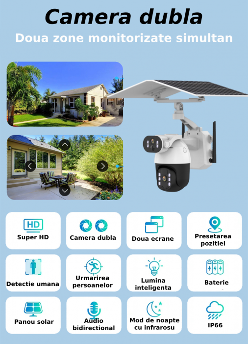 Camera de supraveghere CLAUSTEEL Q5MAX 2in1 cu Panou Solar inclus 12W, 6MP, Portabila, Acumulator incorporat 9600mah, Zoom digital 4X, Rotire automata, Micro SD, Cartela SIM, Conexiune 4G, Supraveghea [2]