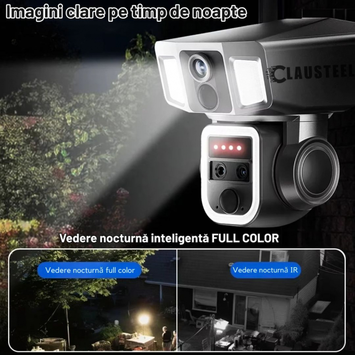 Camera de Supraveghere cu panou solar Profesionala CLAUSTEEL 3in1, conexiune dubla WiFi si 4G, 12000 mAh, Zoom 10x, 4K, 12 MP, 2 Senzori PIR, Notificari pe Telefon, Night Vision Full color, Slot Micro [8]