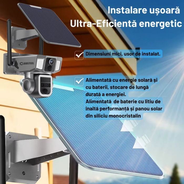 Camera de Supraveghere cu panou solar Profesionala CLAUSTEEL 3in1, conexiune dubla WiFi si 4G, 12000 mAh, Zoom 10x, 4K, 12 MP, 2 Senzori PIR, Notificari pe Telefon, Night Vision Full color, Slot Micro [7]
