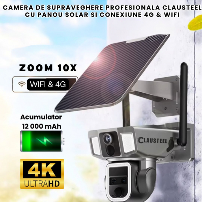 Camera de Supraveghere cu panou solar Profesionala CLAUSTEEL 3in1, conexiune dubla WiFi si 4G, 12000 mAh, Zoom 10x, 4K, 12 MP, 2 Senzori PIR, Notificari pe Telefon, Night Vision Full color, Slot Micro [3]