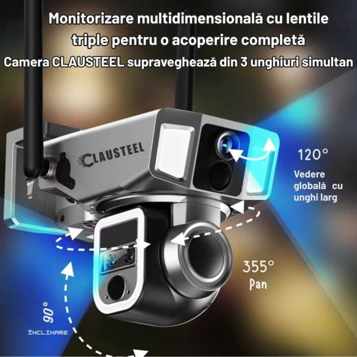 Camera de Supraveghere cu panou solar Profesionala CLAUSTEEL 3in1, conexiune dubla WiFi si 4G, 12000 mAh, Zoom 10x, 4K, 12 MP, 2 Senzori PIR, Notificari pe Telefon, Night Vision Full color, Slot Micro [4]