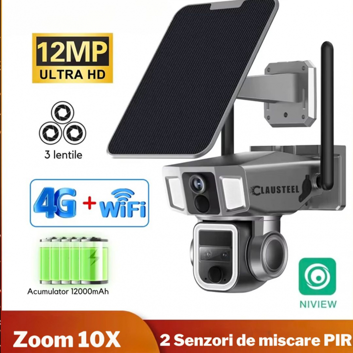 Camera de Supraveghere cu panou solar Profesionala CLAUSTEEL 3in1, conexiune dubla WiFi si 4G, 12000 mAh, Zoom 10x, 4K, 12 MP, 2 Senzori PIR, Notificari pe Telefon, Night Vision Full color, Slot Micro [6]