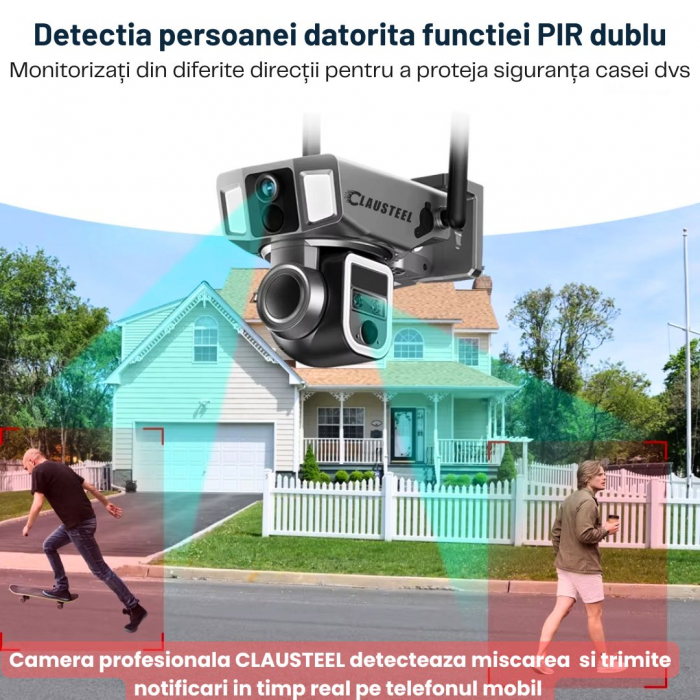 Camera de Supraveghere cu panou solar Profesionala CLAUSTEEL 3in1, conexiune dubla WiFi si 4G, 12000 mAh, Zoom 10x, 4K, 12 MP, 2 Senzori PIR, Notificari pe Telefon, Night Vision Full color, Slot Micro [5]