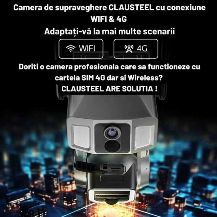 Camera de Supraveghere cu panou solar Profesionala CLAUSTEEL 3in1, conexiune dubla WiFi si 4G, 12000 mAh, Zoom 10x, 4K, 12 MP, 2 Senzori PIR, Notificari pe Telefon, Night Vision Full color, Slot Micro [2]