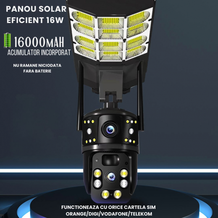 Camera de supraveghere duala CLAUSTEEL 2in1, cartela SIM 4G, PTZ, Urmarire automata, panou solar 16 W, acumulator, 16000 mAh, lampa pentru iluminare stradala 180 W cu 18 LED-uri, Night Vision, slot mi [6]