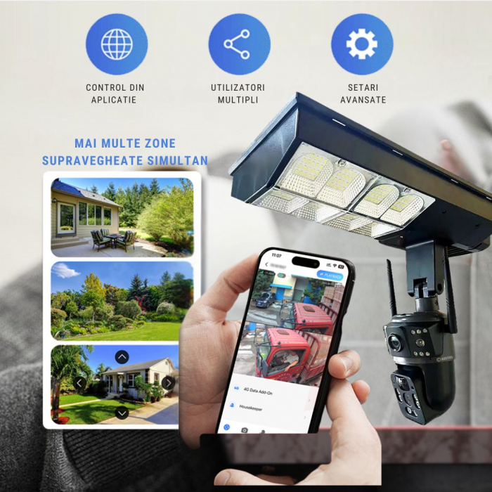 Camera de supraveghere duala CLAUSTEEL 2in1, cartela SIM 4G, PTZ, Urmarire automata, panou solar 16 W, acumulator, 16000 mAh, lampa pentru iluminare stradala 180 W cu 18 LED-uri, Night Vision, slot mi [4]