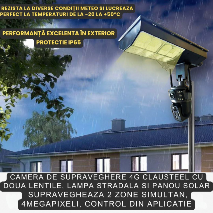 Camera de supraveghere duala CLAUSTEEL 2in1, cartela SIM 4G, PTZ, Urmarire automata, panou solar 16 W, acumulator, 16000 mAh, lampa pentru iluminare stradala 180 W cu 18 LED-uri, Night Vision, slot mi [3]