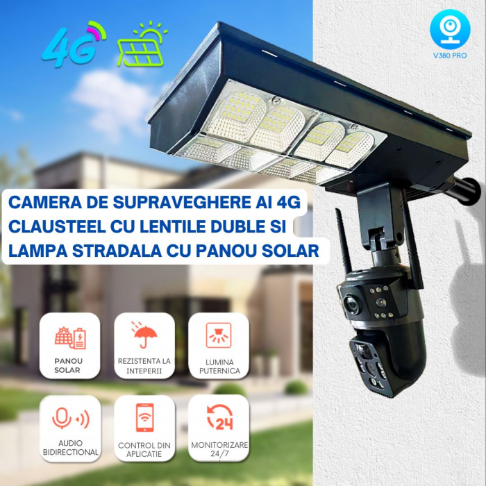 Camera de supraveghere duala CLAUSTEEL 2in1, cartela SIM 4G, PTZ, Urmarire automata, panou solar 16 W, acumulator, 16000 mAh, lampa pentru iluminare stradala 180 W cu 18 LED-uri, Night Vision, slot mi [5]