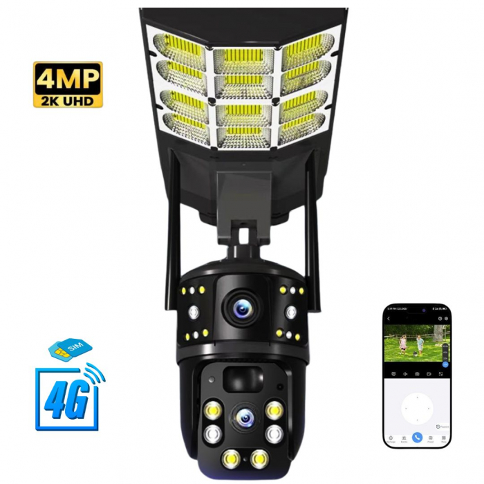 Camera de supraveghere duala CLAUSTEEL 2in1, cartela SIM 4G, PTZ, Urmarire automata, panou solar 16 W, acumulator, 16000 mAh, lampa pentru iluminare stradala 180 W cu 18 LED-uri, Night Vision, slot mi [1]