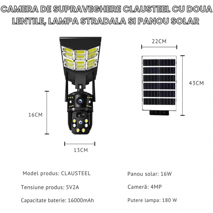 Camera de supraveghere duala CLAUSTEEL 2in1, cartela SIM 4G, PTZ, Urmarire automata, panou solar 16 W, acumulator, 16000 mAh, lampa pentru iluminare stradala 180 W cu 18 LED-uri, Night Vision, slot mi [11]