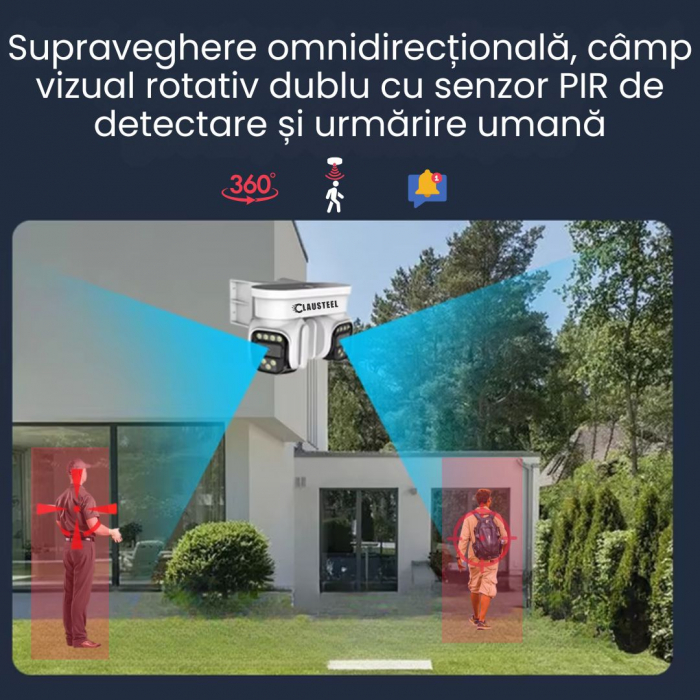 Camera de Supraveghere Profesionala CLAUSTEEL 2IN1 cu Panou Solar, conexiune cu SIM 4G, 8 MP, Acumulator 8000 mAh, 2 Senzori PIR, Night Vision FULL COLOR, Suport de montare pe Colt inclus, Supraveghea [6]