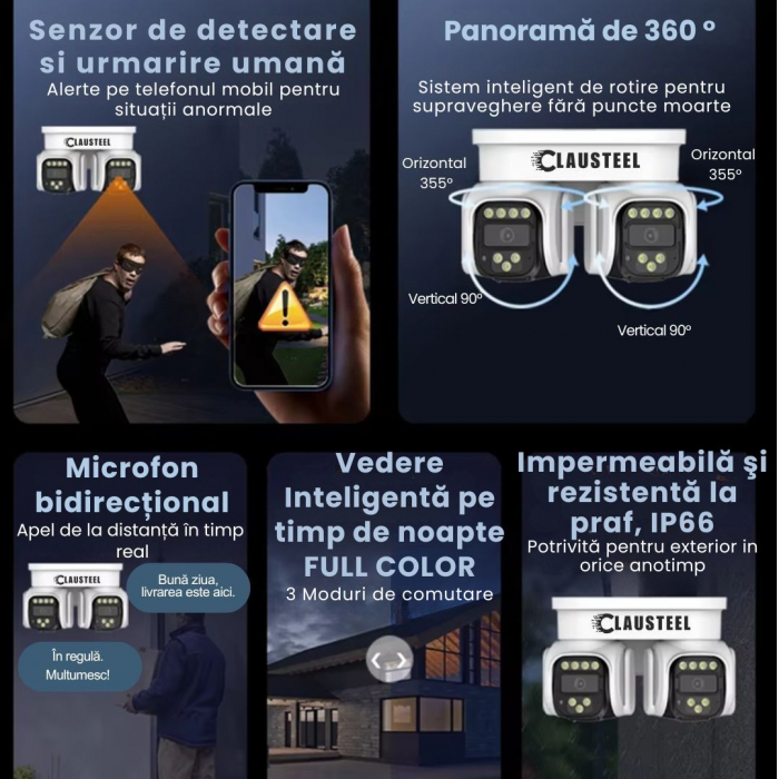 Camera de Supraveghere Profesionala CLAUSTEEL 2IN1 cu Panou Solar, conexiune cu SIM 4G, 8 MP, Acumulator 8000 mAh, 2 Senzori PIR, Night Vision FULL COLOR, Suport de montare pe Colt inclus, Supraveghea [8]