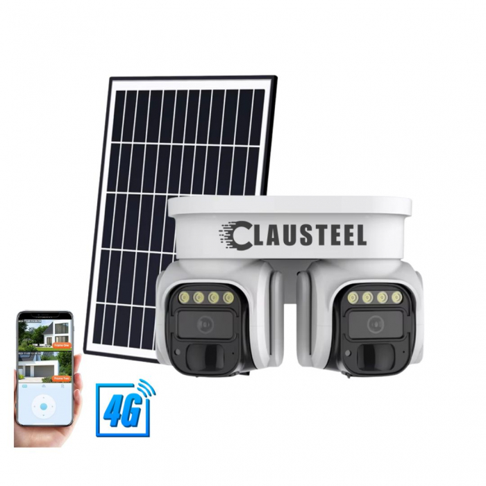 Camera de Supraveghere Profesionala CLAUSTEEL 2IN1 cu Panou Solar, conexiune cu SIM 4G, 8 MP, Acumulator 8000 mAh, 2 Senzori PIR, Night Vision FULL COLOR, Suport de montare pe Colt inclus, Supraveghea [1]