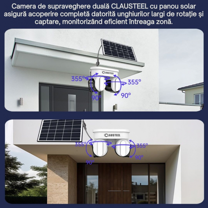 Camera de Supraveghere Profesionala CLAUSTEEL 2IN1 cu Panou Solar, conexiune cu SIM 4G, 8 MP, Acumulator 8000 mAh, 2 Senzori PIR, Night Vision FULL COLOR, Suport de montare pe Colt inclus, Supraveghea [4]