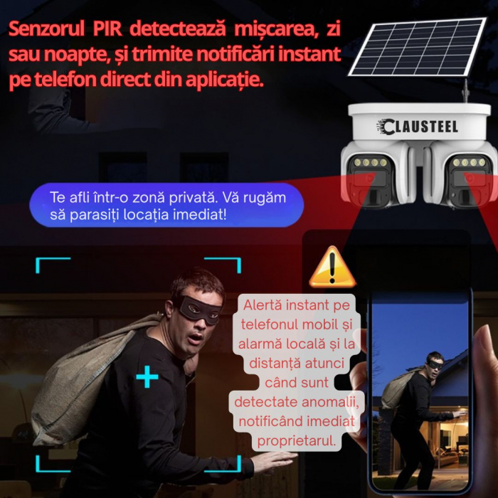 Camera de Supraveghere Profesionala CLAUSTEEL 2IN1 cu Panou Solar, conexiune cu SIM 4G, 8 MP, Acumulator 8000 mAh, 2 Senzori PIR, Night Vision FULL COLOR, Suport de montare pe Colt inclus, Supraveghea [9]