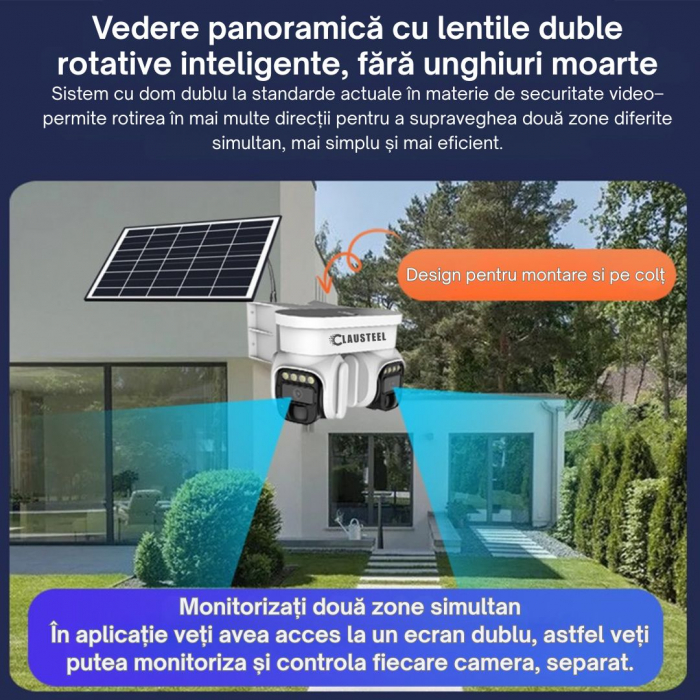 Camera de Supraveghere Profesionala CLAUSTEEL 2IN1 cu Panou Solar, conexiune cu SIM 4G, 8 MP, Acumulator 8000 mAh, 2 Senzori PIR, Night Vision FULL COLOR, Suport de montare pe Colt inclus, Supraveghea [2]