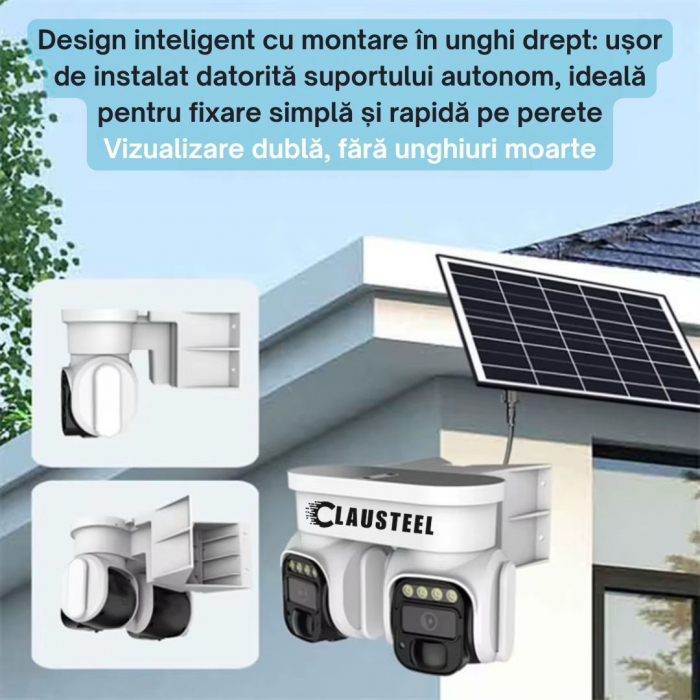 Camera de Supraveghere Profesionala CLAUSTEEL 2IN1 cu Panou Solar, conexiune cu SIM 4G, 8 MP, Acumulator 8000 mAh, 2 Senzori PIR, Night Vision FULL COLOR, Suport de montare pe Colt inclus, Supraveghea [5]