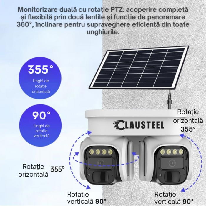 Camera de Supraveghere Profesionala CLAUSTEEL 2IN1 cu Panou Solar, conexiune cu SIM 4G, 8 MP, Acumulator 8000 mAh, 2 Senzori PIR, Night Vision FULL COLOR, Suport de montare pe Colt inclus, Supraveghea [3]